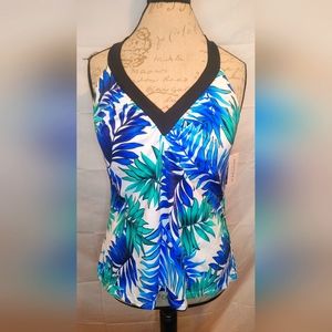 Jentzen Classic Deep Seafoam Tropical Fern Tankini Top Soft Cups Size 16 NWT
